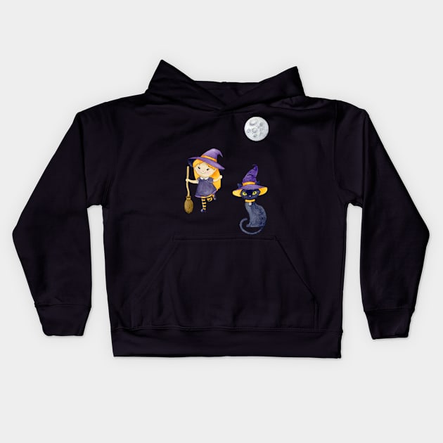 Halloween Witch Cat Kids Hoodie by fromherotozero